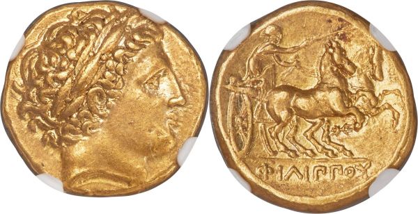 Lot 30016 > MACEDONIAN KINGDOM. Philip II (359-336 BC). AV stater (18mm, 8.62 gm, 9h). NGC AU 5/5 - 4/5. Late lifetime-early posthumous issue of Pella, ca. 340/36-328 BC. Laureate head of Apollo right / ΦIΛIΠΠOY, charioteer driving racing biga right, kentron in right hand, reins in left; thunderbolt below horses. Le Rider 89 (D42/R68). SNG ANS 130-7.  Ex Patrick Mulcahy Collection