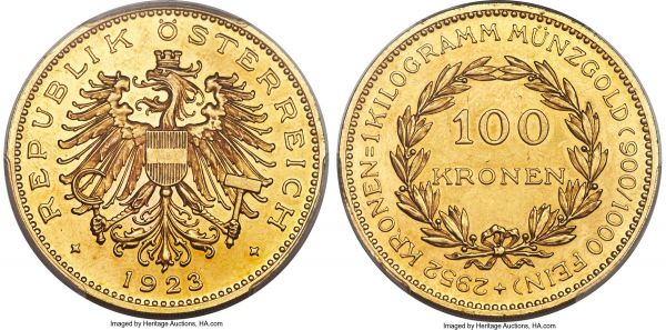 Lot 30160 > Republic gold Prooflike 100 Kronen 1923 PL62 PCGS, Vienna mint, KM2831, Fr-518. An elusive and much-demanded two-year type designed by Richard Placht, designated as 