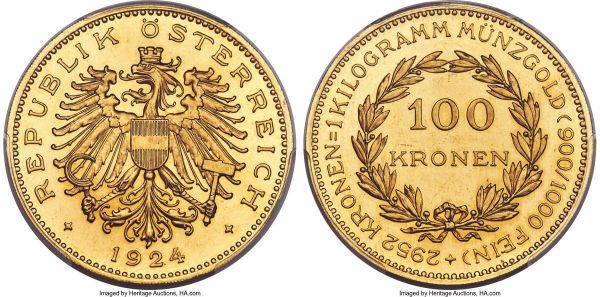 Lot 30161 > Republic gold Prooflike 100 Kronen 1924 PL63 PCGS, Vienna mint, KM2831, Fr-518. An elusive and much-demanded two-year type designed by Richard Placht, designated as 