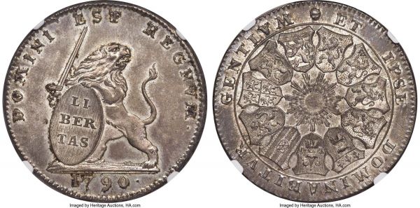 Lot 30162 > Insurrection 3 Florins 1790-(B) MS63 NGC, Brussels mint, KM50, Dav-1285. A one year type of just 44,000 specimens. Crisp with charming artistic imagery, the planchet toned to a pewter gray with vivid argent luster cloaking the devices. 