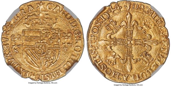 Lot 30163 > Charles V (1506-1555) gold Couronne d'Or au Soleil 1544 MS63+ NGC, Antwerp mint, Fr-62, Delm-102. Struck on a slightly ragged flan at the edges with a crack at 12 o'clock and the reverse showing evidence of a rusted die, though nonetheless a pleasing piece retaining much luster and superbly centered.