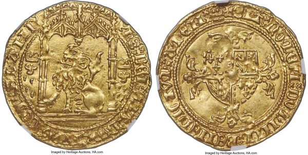 Lot 30164 > Flanders. Philippe le Bon gold Lion d'or (Gouden Leeuw) ND (1419-1467) MS64 NGC, Bruges mint, Fr-185, Delm-489, Vanhoudt-16BG. 4.21gm. Ph'S : DЄI : GRΛ' : DVX : BVRG : COm : FLΛND' (double saltire stops), lion seated left beneath a Gothic canopy, a briquette to either side / + SIT : nOmЄN : DOmINI : BЄNЄDICTVm : ΛmЄN : (briquet) (double saltire stops), Burgundian arms with inescutcheon of Flanders superimposed on a cross fleurée. Struck on a broad and lustrous flan, with virtually every element of the design well-expressed and resulting in superior visual appeal for this selection, the finest of its type that we have offered to-date. 