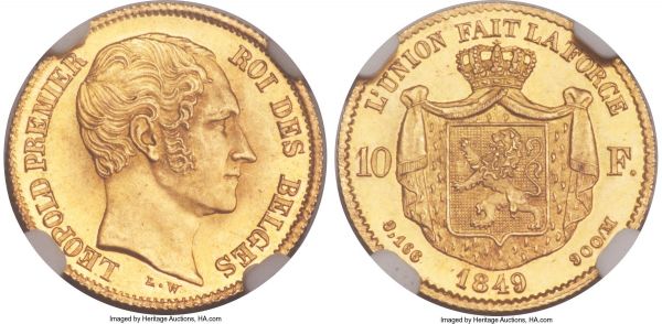 Lot 30165 > Leopold I gold 10 Francs 1849 MS65 NGC, KM18. An exceptionally high-grade example with vibrant, yellow-gold tone and virtually pristine surfaces. Superb, and with immediate appeal; unsurpassed in grade at NGC.