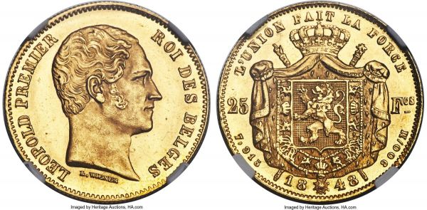 Lot 30166 > Leopold I gold 25 Francs 1848 MS64+ NGC, Brussels mint, KM13.1. A superb example of this two-year type, lightly mirrored fields glaring with cartwheel luster.