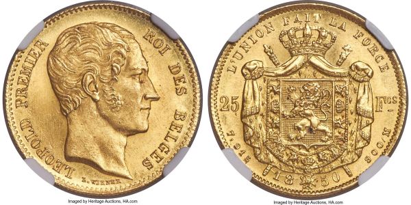 Lot 30167 > Leopold I gold 25 Francs 1850 MS66 NGC, KM13.3, Fr-407. Obv. Bare head of Leopold I right. Rev. Crowned, and mantled, coat-of-arms dividing value with date below. An inspiring representative of the issue, tied for finest certified across PCGS and NGC, and displaying satiny golden luster that transitions to a bright flashiness at the peripheries, the whole of the surfaces revealing only the most minimal signs of handling, in-line with the gem certification assigned.  From the Caranett Collection