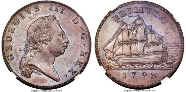 Lot 30168 > British Colony. George III bronzed Proof Restrike Penny 1793 PR65 Brown NGC, KM5. Beautifully engraved by Droz, a handsome restrike piece in a far higher certified grade than is usually encountered, its handsome chocolate brown surfaces flaring with sublime blue tone and pooling around the pristine devices.