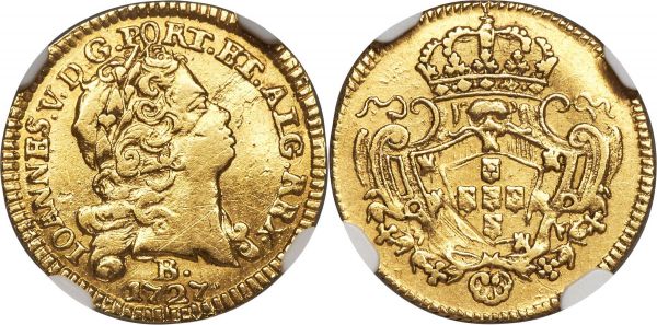 Lot 30170 > João V gold 800 Reis 1727-B XF Details (Cleaned) NGC, Bahia mint, KM123, LMB-107. Fourth shield. Cleaned with scratches to both sides and a metal flaw through João's portrait, nonetheless a scarce type in XF.