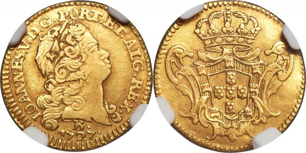 Lot 30171 > João V gold 800 Reis 1727-B VF Details (Reverse Repaired) NGC, Bahia mint, KM123, LMB-107. Second shield. Only the lightest of surface alterations, an otherwise pleasing sand-gold piece with evenly worn details.