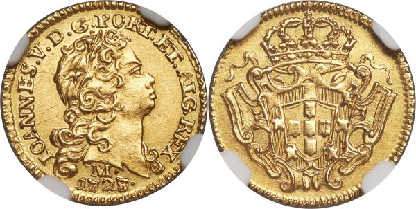 Lot 30172 > João V gold 800 Reis 1728/7-M UNC Details (Cleaned) NGC, Minas Gerais mint, KM120, LMB-257. A certainly better representative of this type, rarely found in uncirculated condition. The offering benefits from a well-centered, firm strike, leaving admirable detail across the obverse and reverse features alike.