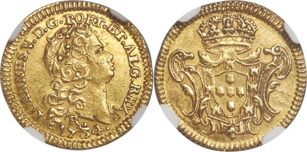 Lot 30173 > João V gold 800 Reis 1734-R MS63 NGC, Rio de Janeiro mint, KM153, LMB-199. The finer of just two certified examples by NGC, with none in PCGS's database. The detail of its strike is exquisite, far beyond what one would expect for an MS63, with light reflectivity gracing the butter-yellow planchet; rarely encountered in any grade, let alone as choice Mint State. A significant Brazilian rarity. 