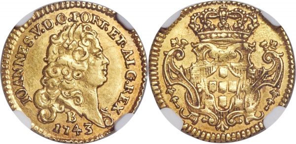Lot 30174 > João V gold 800 Reis 1743-B AU55 NGC, Bahia mint, KM123, LMB-111. Boasting considerable visual appeal, the surfaces of this smaller denomination are clearly original with a pleasing charcoal accent to the crisp devices and a hint of peach toning at the peripheries. Scarcely offered as a type, an enticing Bahia mint specimen. 