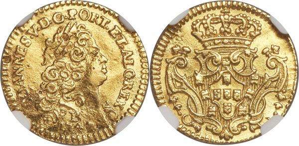 Lot 30175 > João V gold 800 Reis 1747-B AU Details (Harshly Cleaned) NGC, Bahia mint, KM149, LMB-113. A very rare minor type, its surfaces exhibiting brushmarks in line with its cleaning but otherwise with full detail and a sharp strike. 