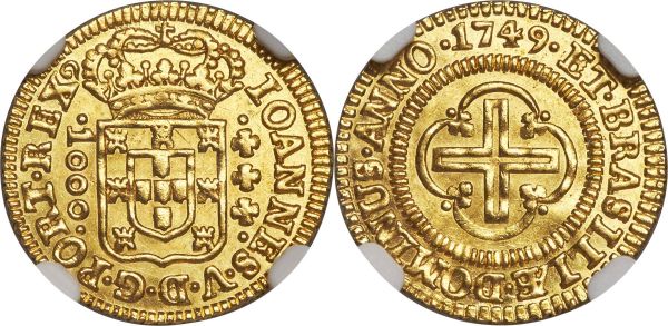 Lot 30176 > João V gold 1000 Reis 1749-(L) MS64 NGC, Lisbon mint, KM161, LMB-290. A sparkling example of this relatively smaller statured gold denomination displaying a quality of preservation that places it as the single finest example of the date yet seen by NGC. A clear conditional rarity and worthy of close collector consideration. 