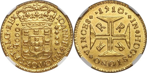 Lot 30177 > João V gold 4000 Reis 1710-R UNC Details (Cleaned) NGC, Rio de Janeiro mint, KM102, LMB-162. Quite attractive despite its details designation, the fields infused with soft luster and not too much in the way of the distracting hairlines one might expect.