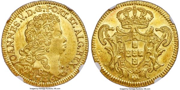 Lot 30179 > João V gold 6400 Reis 1746-R MS63 NGC, Rio de Janeiro mint, KM149, LMB-221. Fully choice and well-centered with strong luster and areas of honeyed tone prominent around the reverse shield. Among the very finest seen by the grading services, the highest graded coming just a single point above the present example. Ex. Paulistana Collection 
