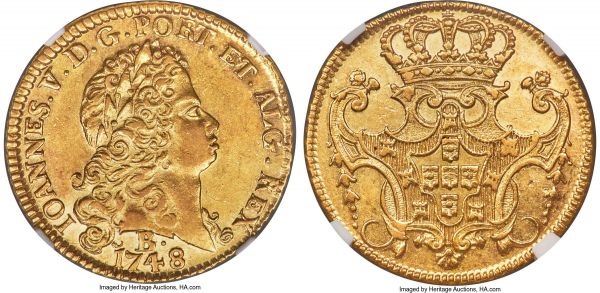 Lot 30180 > João V gold 6400 Reis 1748-B AU58 NGC, Bahia mint, KM151, LMB-148. Flashy at the peripheries, with a quasi-satiny appearance throughout the majority of the surfaces resulting in an inviting appeal, the general sharpness of the devices and quality of preservation leaving no doubt as to the near-Mint State quality of this specimen. 