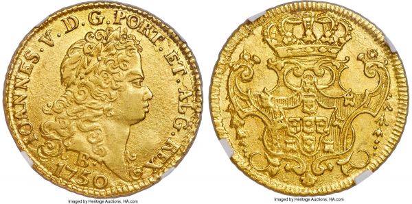 Lot 30181 > João V gold 6400 Reis 1750-B AU58 NGC, Bahia mint, KM151, LMB-150. A lovely near-Mint example revealing only very light circulation wear on the high points and a strong, well-defined strike, with mellow saffron luster and sun-gold surfaces. In all respects a praiseworthy selection of this final date of issue for the type.  Ex. Dresden Collection 