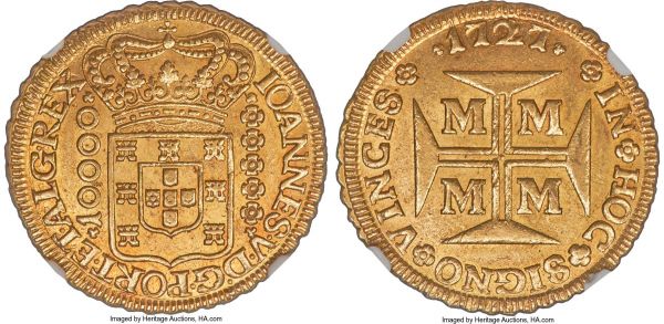 Lot 30182 > João V gold 10000 Reis 1727-M MS63 NGC, Minas Gerais mint, KM116, LMB-247. An appealing, scarcely handled offering from this four-year series, the obverse shield exhibiting the usual striking weakness and the reverse with a central adjustment mark. Ample mint luster sparkles in the recesses, brightening the planchet and enhancing the overall visual allure of this Mint State piece. 