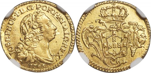 Lot 30183 > Jose I gold 800 Reis 1763-R AU Details (Obverse Scratched) NGC, Rio de Janeiro mint, KM180.2, LMB-409. Of superior preservation for this issue, normally seen in much more extensively circulated states, when encountered at all. A single scratch runs along the inside of the obverse legend near 2 o'clock, though due to its placement fortunately comes as a lesser distraction than might otherwise have been the case, with a generally well-balanced strike and considerable mint luster confirming that this offering is not one to be overlooked. 