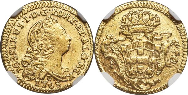 Lot 30184 > Jose I gold 800 Reis 1768-B AU Details (Cleaned) NGC, Bahia mint, KM180.1, Gomes-29.12. Despite its cleaning the surfaces of this selection do not exhibit an artificial brightness, and instead appear a matte sand-yellow with admirably sharp details for grade. 