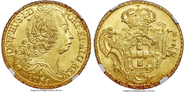 Lot 30186 > Jose I gold 6400 Reis 1756-B MS64 NGC, Bahia mint, KM172.1, LMB-386. A delightful near-gem example of the date, with impressively luminous surfaces and very few marks of visual significance. Likely a shipwreck find, and preserved abnormally well as such, with remnants of russet-colored debris visible around the outer dentilation on both sides.