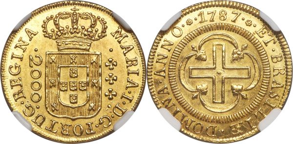 Lot 30187 > Maria I gold 2000 Reis 1787-(L) MS65 NGC, Lisbon mint, KM224, LMB-493. Mintage: 1,500. A superb survivor of this lower mintage issue featuring the combined force of a clear and well-centered strike and luminescent fields absent of any significant handling or distractions. Currently the finest specimen certified by NGC. 