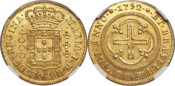Lot 30189 > Maria I gold 4000 Reis 1792-(L) MS64 NGC, Lisbon mint, KM225.1, LMB-498. A particularly enticing example with semi-Prooflike fields, needle-sharp devices and original canary-gold color. This type is sought-after in Mint State but very seldom reaches this lofty preservation, and as such should generate intense collector interest. 