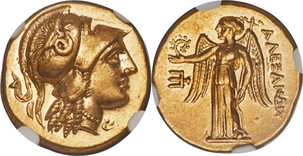 Lot 30019 > MACEDONIAN KINGDOM. Alexander III the Great (336-323 BC). AV stater (18mm, 8.61 gm, 11h). NGC Choice AU 5/5 - 4/5. Posthumous issue of Amphipolis, under Cassander, ca. 310-301 BC. Head of Athena right, wearing necklace and triple-crested Corinthian helmet with long divergent crest ends pushed back on head, the bowl decorated with coiled serpent right, hair falling in five tight spiral curls and loose over left shoulder / ΑΛΕΞΑΝΔΡΟΥ, Nike standing facing, head left, wreath in outstretched right hand, stylis cradled on left arm; trident head left in left field, pellet in lower right field. Price -, cf. 175, but apparently unpublished with pellet in field. Müller -.