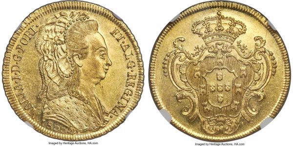 Lot 30190 > Maria I gold 6400 Reis 1800-R MS62 NGC, Rio de Janeiro mint, KM226.1, LMB-538. Harvest-gold color with copious luster, only limited stacking friction to the high points. The reverse has a rim scratch at 2 o'clock and a die break at 3 o'clock. Ex. Santa Cruz Collection