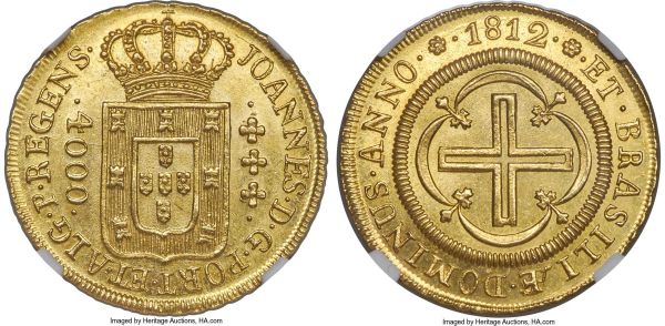 Lot 30191 > João Prince Regent gold 4000 Reis 1812-(R) MS64 NGC, Rio de Janeiro mint, KM235.2, LMB-572. Shimmering fields and a bold strike mark the praiseworthy quality of this near-gem representative, certified only a single point shy of gem preservation, an honor fully deserved by a combination of its technical and visual merit. 