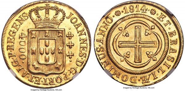 Lot 30192 > João Prince Regent gold 4000 Reis 1814-(R) MS66 NGC,  Rio de Janeiro mint, KM235.2. A staggering gem and a specimen that is as close to perfection as could be expected for the issue. Just slightly off center, yet the strike remaining needlepoint accurate, with a pale honey chroma that effortlessly glints off the devices, highlighting the pristine surfaces.  Ex. Santa Cruz Collection 