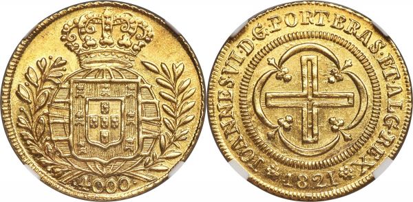 Lot 30194 > João VI gold 4000 Reis 1821-(R) MS63 NGC, Rio de Janeiro mint, KM327.1, LMB-585. An excellent date and type representative offering lustrous fields decorated in a gentle spread of honeyed amber tones, a firm strike leaving clear detailing with only isolated weakness seen over the obverse crown.