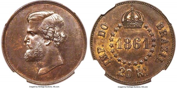 Lot 30195 > Pedro II copper Pattern 20 Reis 1861 MS63 Brown NGC, Rio de Janeiro mint, KM-Pn90, Bentes-E49.01. An alluring mahogany example of this rare Pattern type, seldom encountered in any condition, much less so in Choice Mint State. The last example we had the privilege of offering, graded AU55 Brown by NGC, realized $3,600 including Buyer's Premium in September, 2019. 