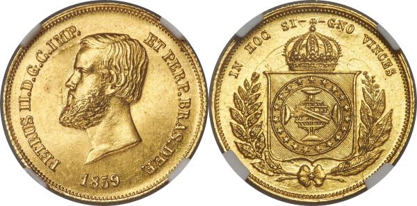Lot 30196 > Pedro II gold 5000 Reis 1859 UNC Details (Obverse Cleaned) NGC, Rio de Janeiro mint, KM470, LMB-642. A rare date in Pedro II's 5000 Reis series - one which saw only 493 examples struck - this compared to other dates in the same series, several of which exceeded 20,000 and even 40,000 produced. Mint State examples of this year are thus a particular prize to behold, and though this offering displays light hairlines on the obverse, these appear to be exceedingly light, leaving a stark mint brilliance to highlight the sharp devices on both faces. 