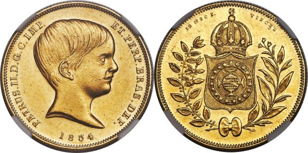 Lot 30197 > Pedro II gold 10000 Reis 1834 AU58 NGC, Rio de Janeiro mint, KM451, LMB-616. Mintage: 5,617. Glowing luster highlights from the recesses and across the fields of this near-Mint offering, with only an even yet very light spread of handling across the surfaces and the gentlest highpoint rub confirming any time spent in circulation. 