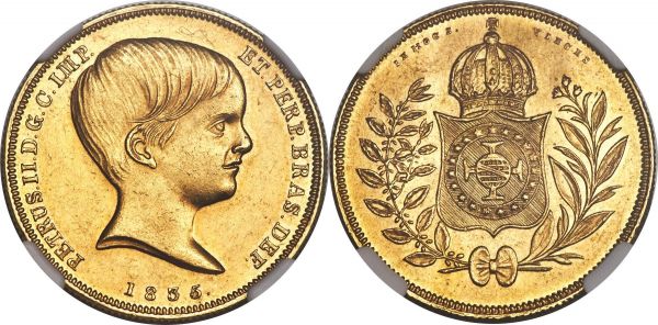 Lot 30198 > Pedro II gold 10000 Reis 1835/4 MS61 NGC, Rio de Janeiro mint, cf. KM451 (overdate unlisted), LMB-617 (same). A sharp strike absent any wear confirms the Mint State preservation of this offering, which, though displaying somewhat muted surfaces due to handling, represents an intriguing example of the type that shows a clear overdate, not noted in the Standard Catalog of World Coins or Livro Das Moedas Do Brasil.