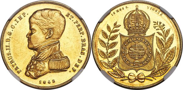 Lot 30199 > Pedro II gold 10000 Reis 1842 AU55 NGC, Rio de Janeiro mint, KM457, LMB-623. A lower mintage type, one of 1,146 struck; highly attractive in-hand, with bright sunny surfaces and somewhat Prooflike reflectivity.