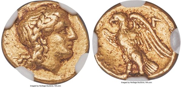 Lot 30002 > CALABRIA. Tarentum. Time of Pyrrhus of Epirus (ca. 281-240 BC). AV quarter-stater (12mm, 2.14 gm, 10h). NGC Choice VF 5/5 - 3/5, Fine Style.  Ca. 280-275 BC. Laureate head of Apollo right, NK monogram behind / TAPANTINΩN, eagle standing left on thunderbolt, wings spread, AP monogram behind. Fischer-Bossert G63 (same dies). Vlasto 46 (same dies). SNG ANS 1042 variant (no AP monogram). HN Italy 986. Rare.