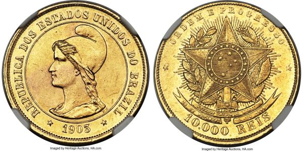Lot 30201 > Republic gold 10000 Reis 1903 MS61 NGC, Rio de Janeiro mint, KM496, Fr-125, LMB-698. Mintage: 391. Sun gold with shimmering lustrous fields and nearly fully struck details. Only a single example seen by NGC certifies finer. Ex. Grand Castello Collection; RLM Collection 