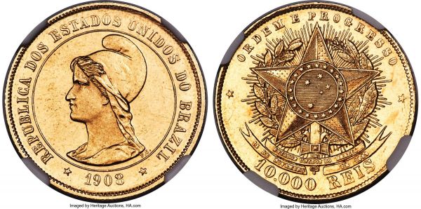 Lot 30202 > Republic gold 10000 Reis 1908 MS63 NGC, Rio de Janeiro mint, KM496, LMB-702. Mintage: 689. Scintillating luster warms from the recesses of this choice example, currently ranked at the second-finest grade seen across both PCGS and NGC combined. Accordingly, very rarely found better.