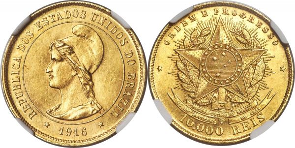 Lot 30203 > Republic gold 10000 Reis 1916 MS64 NGC, Rio de Janeiro mint, KM496, LMB-707. Though ranking as a high mintage issue in the series, the 1916 mintage remains limited to only 4,720 examples, with higher quality selections granted special attention by collectors. Brilliant, with a uniformly sharp strike that leaves no details unrealized. 