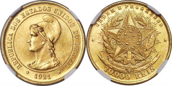 Lot 30204 > Republic gold 10000 Reis 1921 MS64 NGC, Rio de Janeiro mint, KM496, Fr-125, LMB-709. Mintage: 2,435. Flashy golden luster marks the quality of this choice selection, displaying both a firm strike and all-around commendable visual allure. Currently tied for finest certified by NGC. 