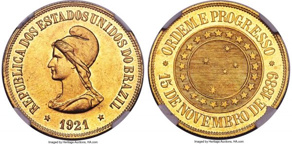 Lot 30205 > Republic gold 20000 Reis 1921 MS63 NGC, Rio de Janeiro mint, KM497, Fr-124, LMB-736. Struck in a fairly low mintage of only 5,934 pieces, and very difficult to obtain in elevated Mint State grades, this pleasing, choice specimen offers highly lustrous surfaces and an alluring light golden tone.