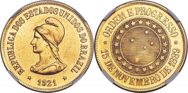 Lot 30206 > Republic gold 20000 Reis 1921 UNC Details (Cleaned) NGC, Rio de Janeiro mint, KM497, LMB-736. Mintage: 5,934. A fully Mint State selection retaining complete detailing across each facet of its struck design. 