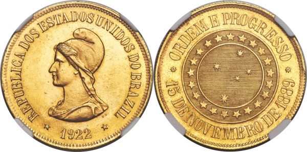 Lot 30207 > Republic gold 20000 Reis 1922 MS64 NGC, Rio de Janeiro mint, KM497, LMB-737. Mintage: 2,681. Fully brilliant, with a hint of reflectivity to the central obverse fields and a clarity of strike that leaves nothing wanting. 
