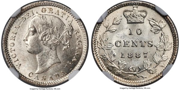 Lot 30209 > Victoria 10 Cents 1887/7 MS62 NGC, London mint, cf. KM3 (overdate unlisted). An exceedingly rare overdate variety, entirely absent from the Standard Catalog of World Coins, and while noted in Charlton, that reference records no price data for anything above an AU50. Indeed this is one of only 2 certified examples to-date bearing the 7/7 between NGC and PCGS combined, with the other, an MS64+, bringing over $10,000 as part of our sale of the George Hans Cook Collection last August. On the whole, the present example does appear quite choice for the assigned grade, with thick satin finish over both sides and a general paucity of bagmarks. Perhaps the only opportunity most collectors will find to acquire an example. 