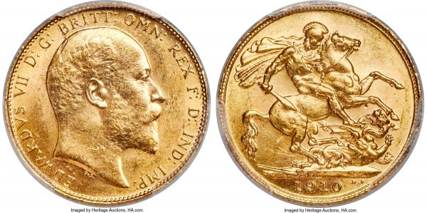 Lot 30211 > Edward VII gold Sovereign 1910-C MS63 PCGS, Ottawa mint, KM14, S-3970. A choice selection offering lustrous honey-gold color and only insolated and relatively insignificant instances of handling.  From the George Hans Cook Collection