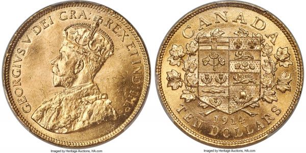 Lot 30212 > George V gold 10 Dollars 1914 MS65 PCGS, Ottawa mint, KM27, Fr-3. A radiant gem with full mint brilliance, very scarce in this superior designation. From the Canadian Gold Reserve.