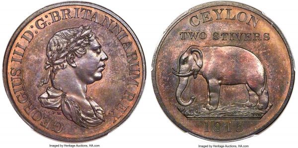Lot 30214 > British Colony. George III Proof 2 Stivers 1815 PR65 Brown PCGS, Royal Mint, KM82.1. By Thomas Wyon. Without rose below bust. A magnificent gem example of this very elusive one-year type, toned a deep violet with a hint of sea green on the reverse. The first Proof example we have seen to-date of this interesting issue, struck in London from the metal of demonetized British halfpence and popular as a type for its elephantine imagery.