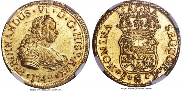 Lot 30215 > Ferdinand VI gold 4 Escudos 1749 So-J MS62 S NGC, Santiago mint, KM2, Fr-6. An intensely lustrous selection of this 4 Escudos issue displaying flashy mirrored fields throughout the obverse and reverse alike, these fully enhancing the already sharp presentation and resulting in a degree of eye appeal wholly deserving of a 